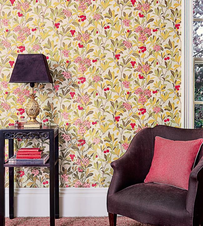 Strawberry Tree Wallpaper - Chalk, Rose & Forest Green on Eau Du Nil - 100/10048
