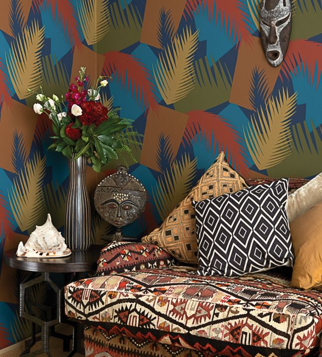 Deco Palm Wallpaper - Ginger, Rouge, Olive on Midnight - 105/8039