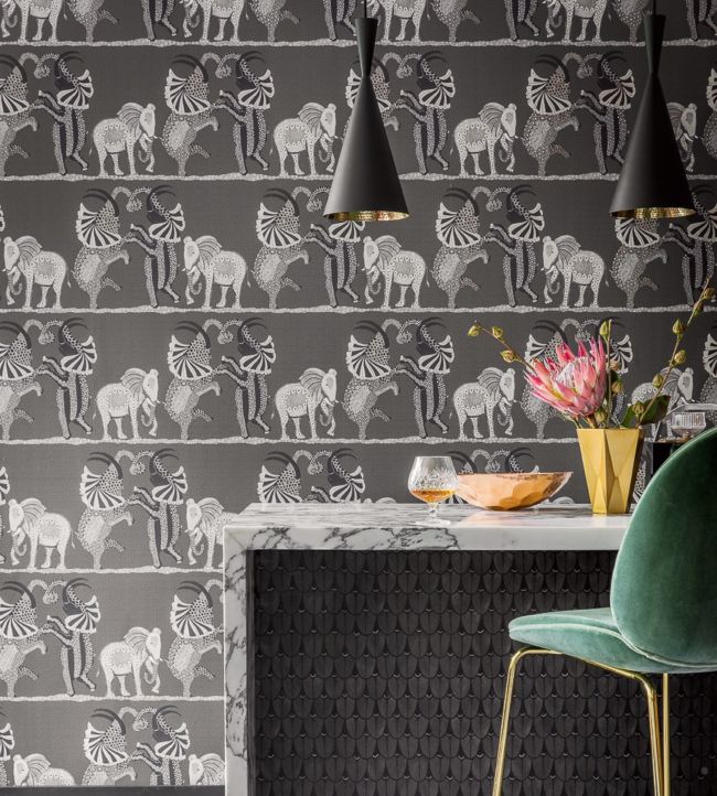 Safari Dance Wallpaper - Stone & Black on Charcoal - 109/8039