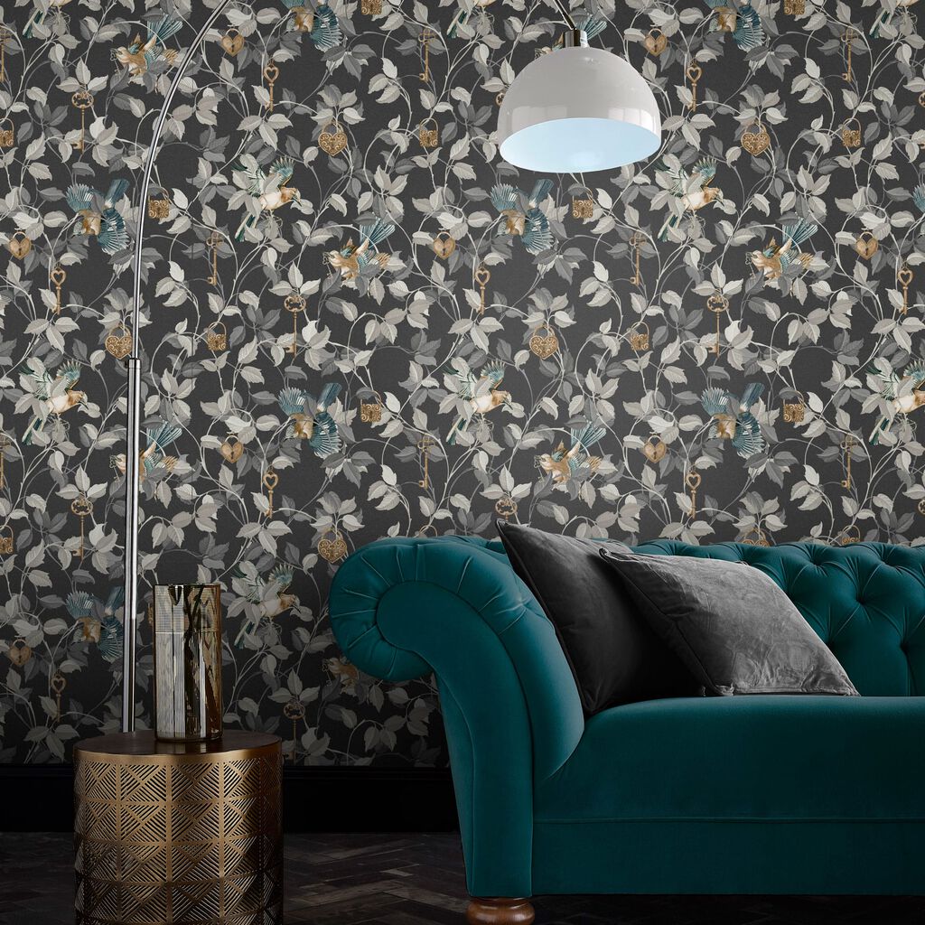 115051 - Lock and Key Wallpaper - Charcoal - Graham & Brown