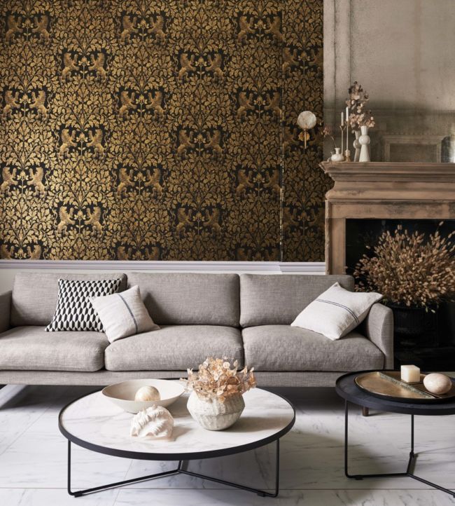 Boscobel Oak Wallpaper - Metallic Antique Gold on Black - 116/10036