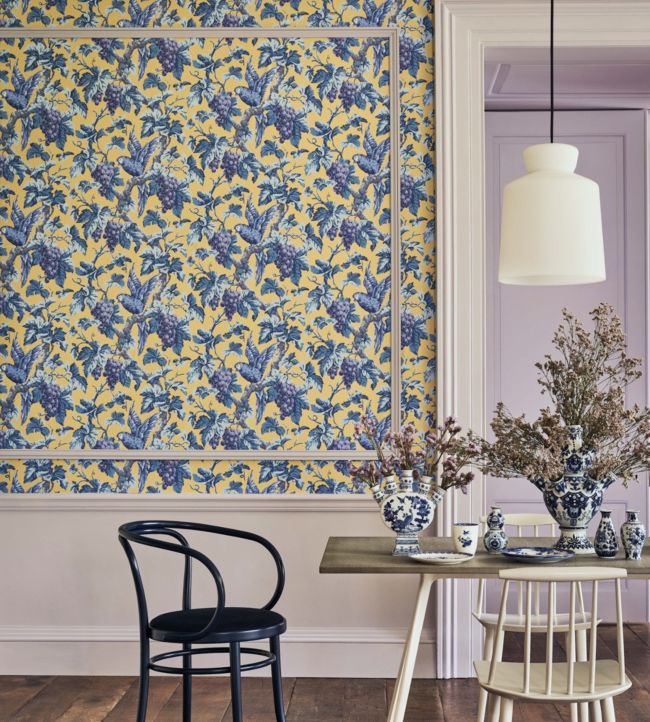 Woodvale Orchard Wallpaper - Hyacinth, Lilac & China Blue on Ochre - 116/5017