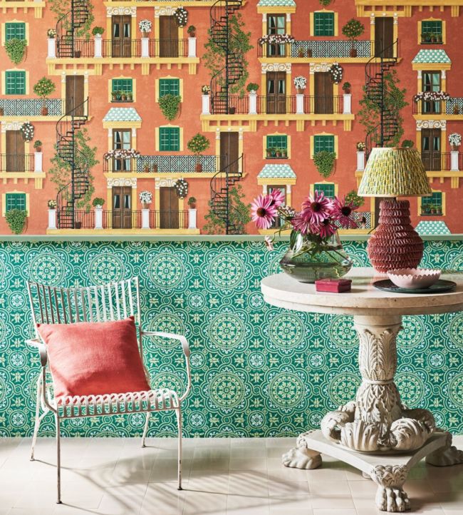 Alfaro Wallpaper - Ochre & Racing Car Green on Terracotta - 117/4011