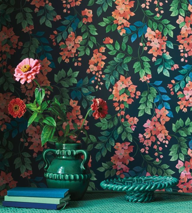 Bougainvillea Wallpaper - Rouge, Leaf Green & Cerulean Sky on Charcoal - 117/6017