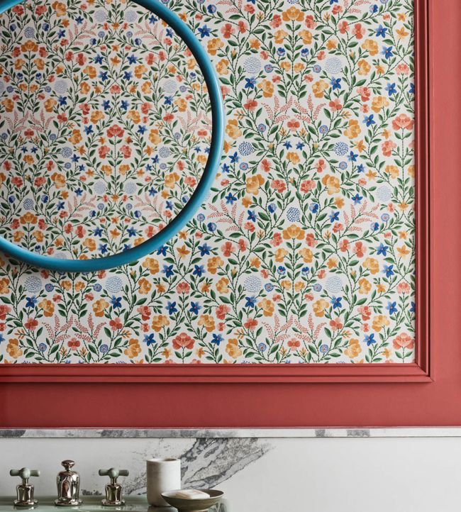 Court Embroidery Wallpaper - Yellow, Rose & Hyacinth Blue on Charcoal - 118/13030