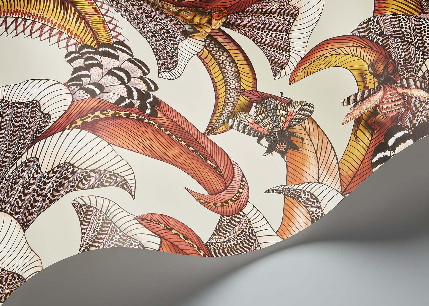 Hoopoe Leaves Wallpaper - Crimson, Canary Yellow, Fuchsia on Stone - 119/1004