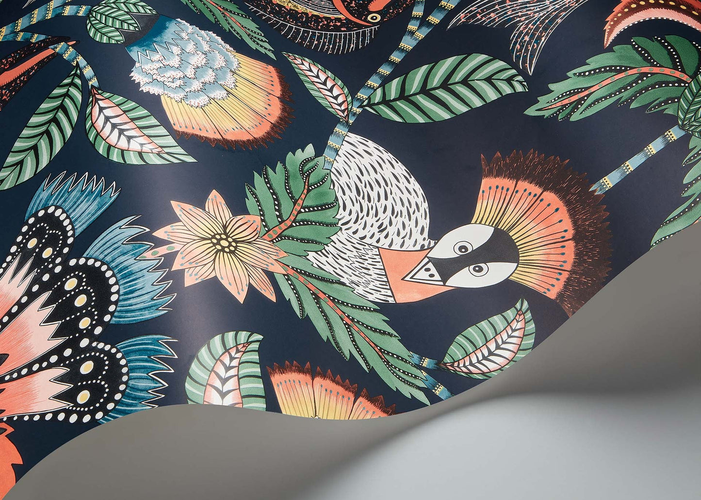 Nene Wallpaper - Tangerine, Forest Green & Petrol on Ink - 119/8037