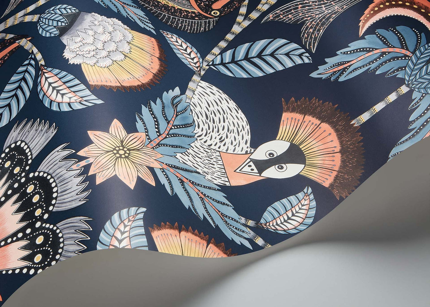 Nene Wallpaper - Terracotta, Cerulean Blue & Heath Grey on Midnight - 119/8038