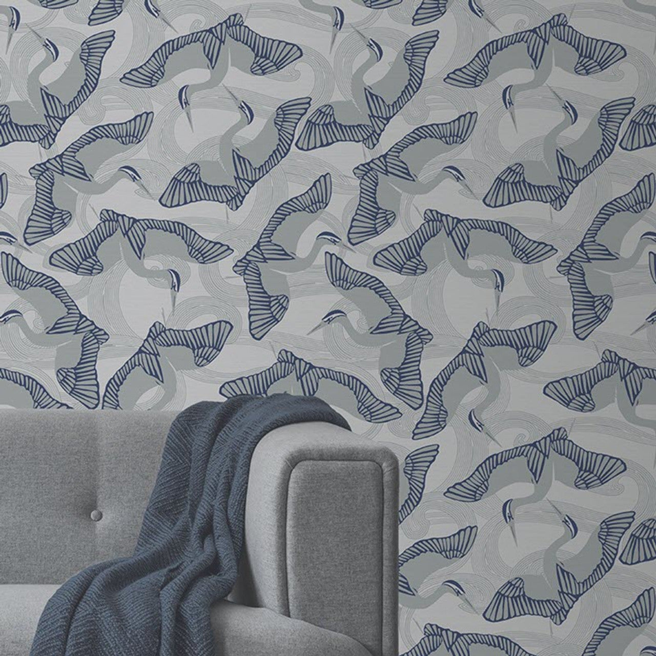 12622 - Cranes Fantasia Wallpaper - Grey/ Navy - Ted Baker