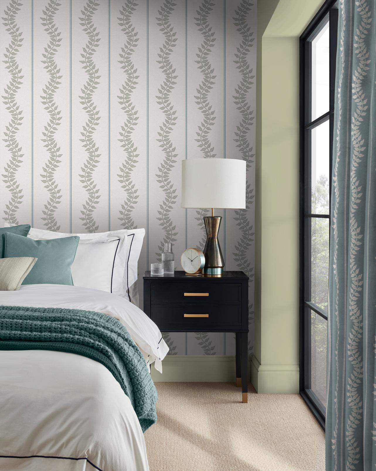 130294 - Laurel Leaf Stripe Wallpaper - Sky & Green - Graham & Brown