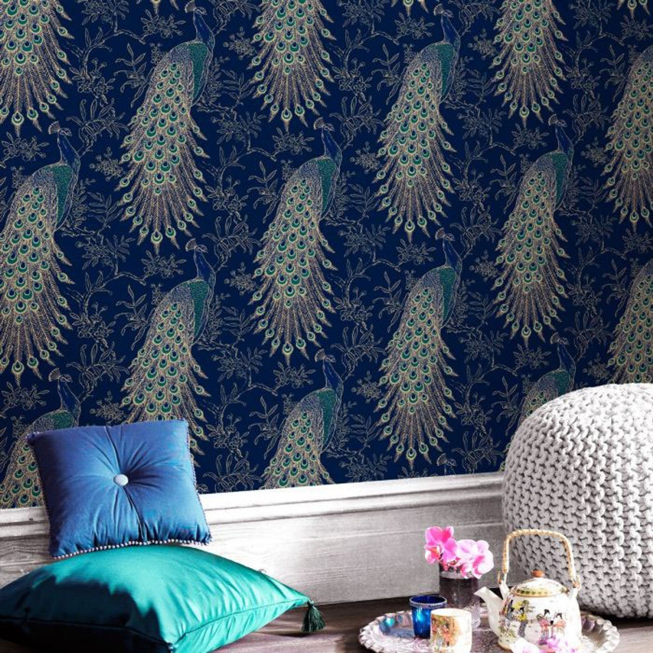 215700 - Peacock Portfolio Wallpaper - Navy & Gold - Rasch