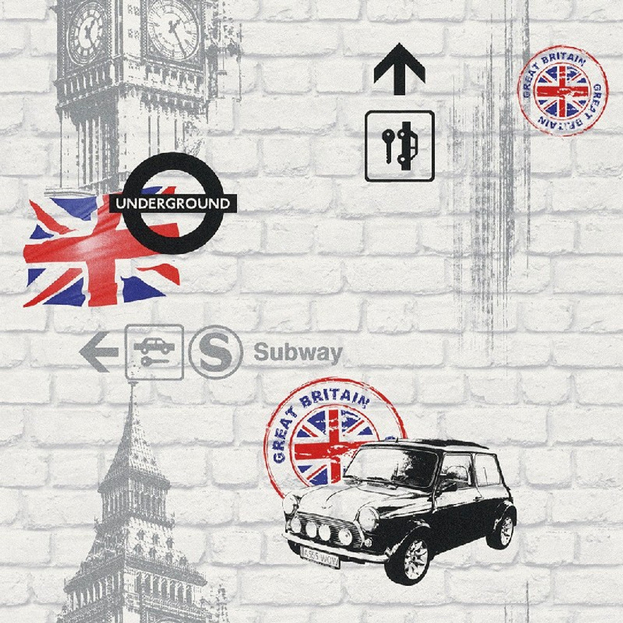 234800 - Kids Club London Brick Wallpaper - White Multi - Rasch