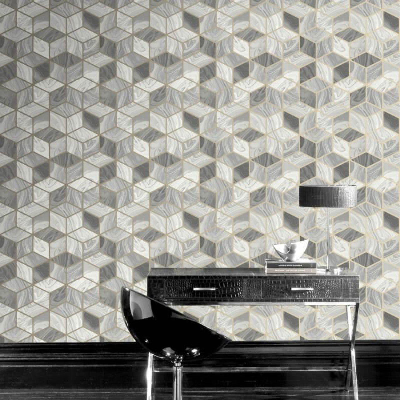 248975 - Portfolio Marble Cube Wallpaper - Grey/Gold - Rasch