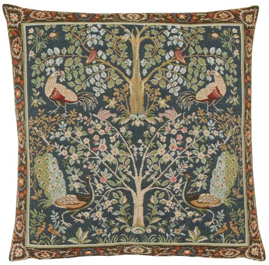 Birds & Trees Blue Tapestry Cushion with Feather Filler