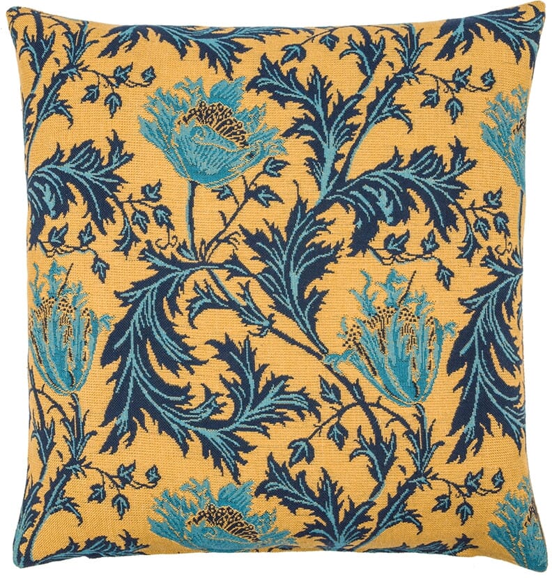 Morris Anemone Gold Blue Tapestry Cushion with Feather Filler