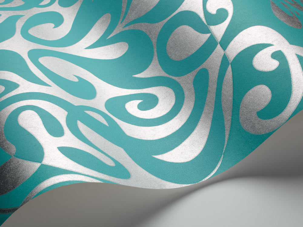 Woodstock Wallpaper - Metallic Silver on Teal - 69/7128