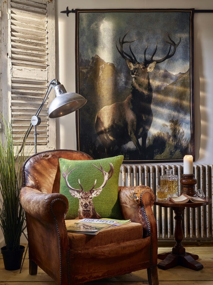 Stately Stag Green Tapestry Room Cushion with Feather Filler