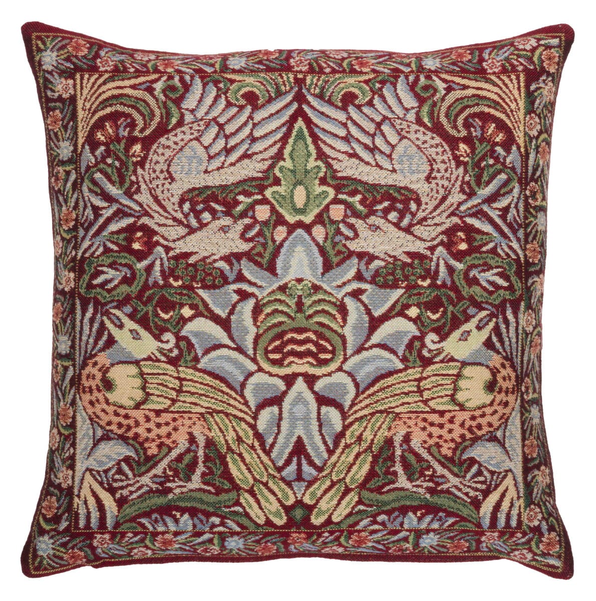Peacock & Dragon Red Tapestry Cushion with Feather Filler