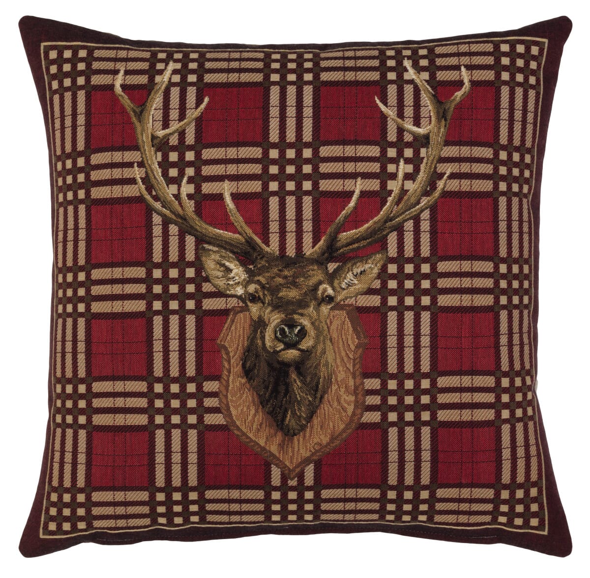 Stags Head Plaid Tapestry Cushion with Feather Filler