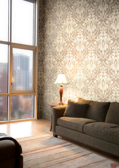 St Petersburg Damask Wallpaper - Metallic Gilver on Taupe - 88/8033
