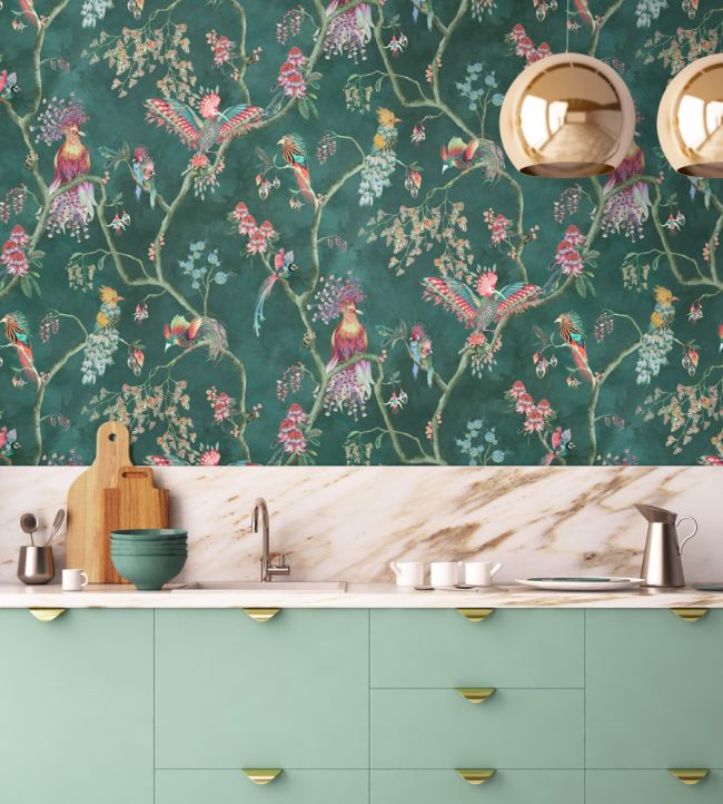 BMWL005-01E - Birds In Paradise Wallpaper - Teal - Brand McKenzie