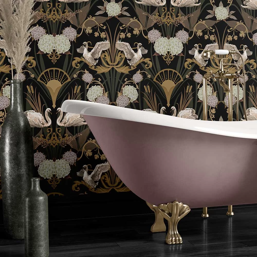 Deco Swan Wallpaper - Charcoal - The Graduate Collection