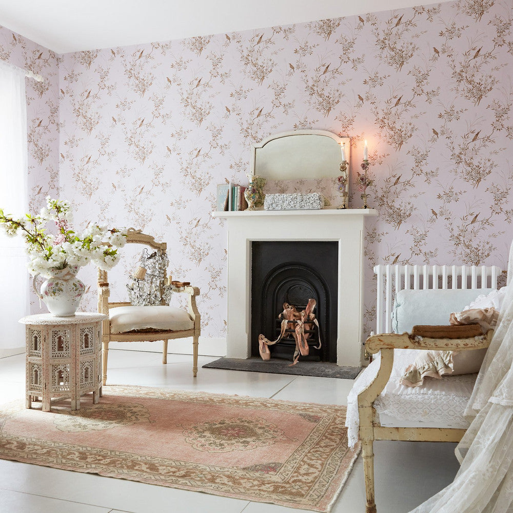 Bird Chinoiserie Wallpaper - Pink & Gold - Shabby Chic