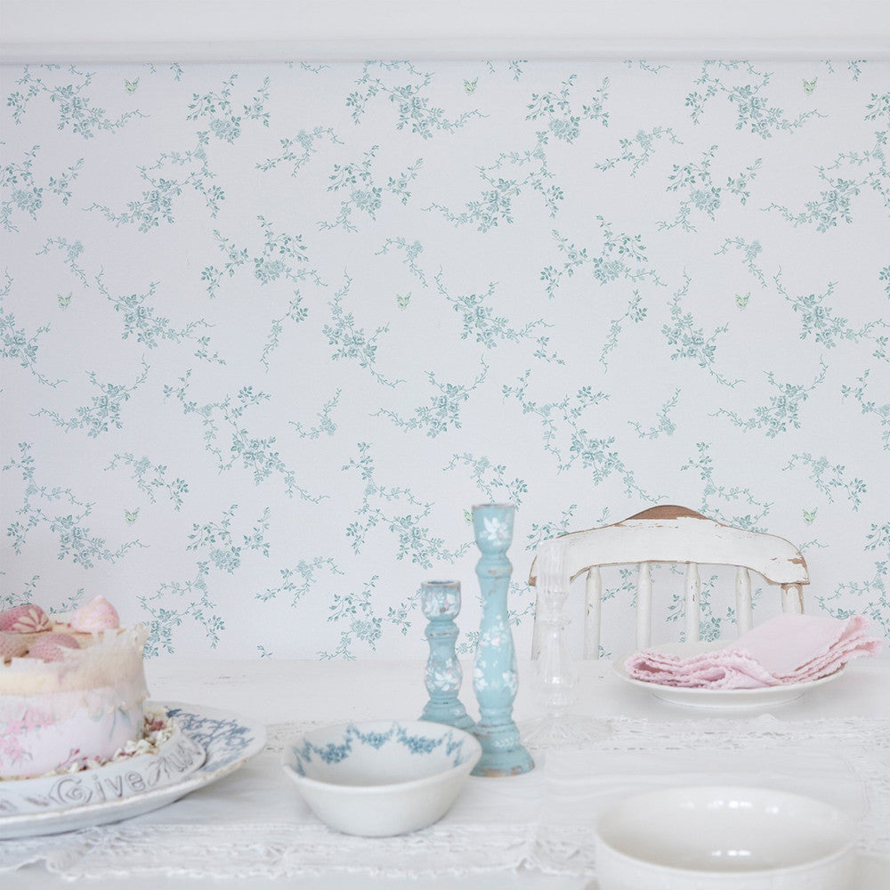 Butterflies Wallpaper - Duck Egg - Shabby Chic