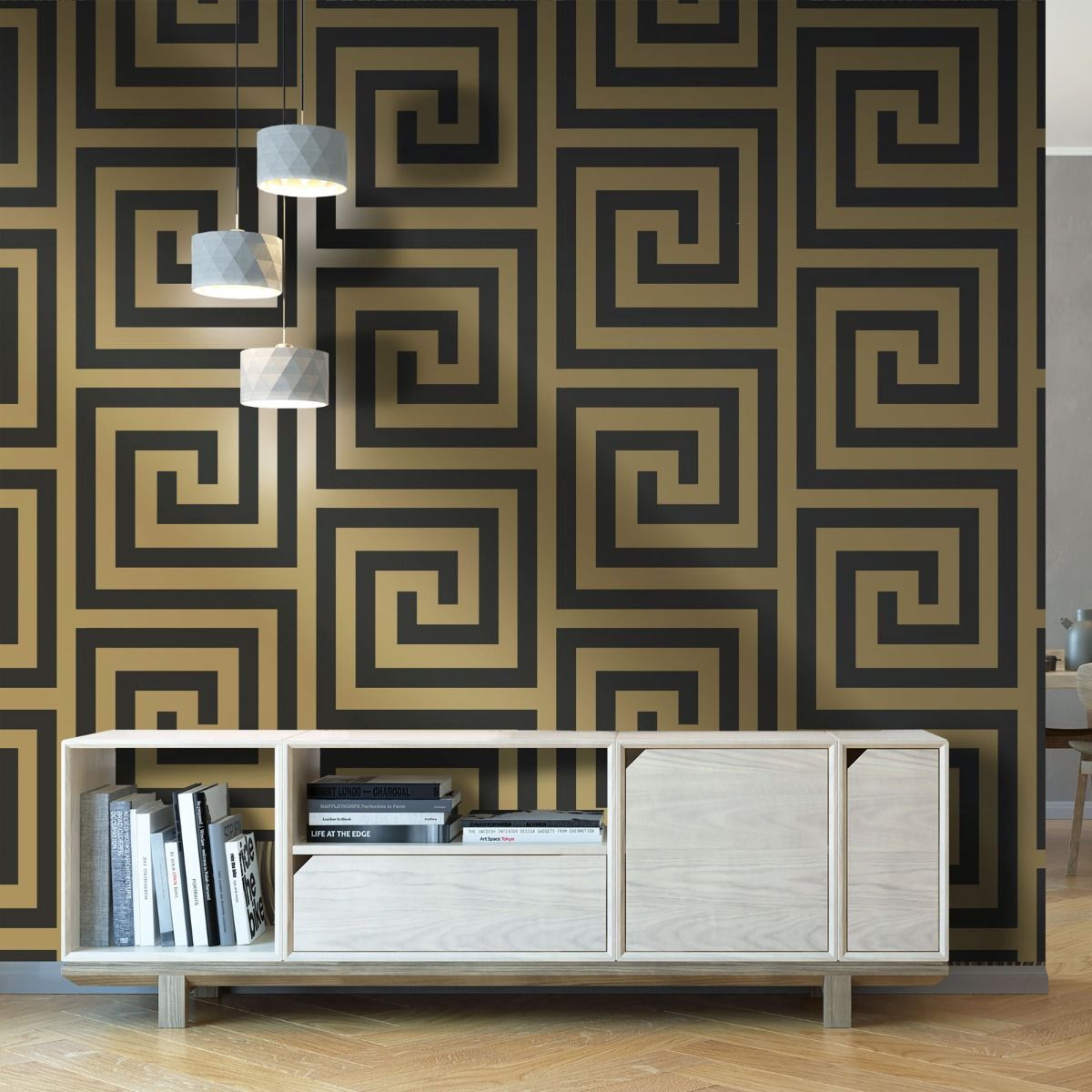 Athena Geometric Wallpaper - Black / Gold - Debona