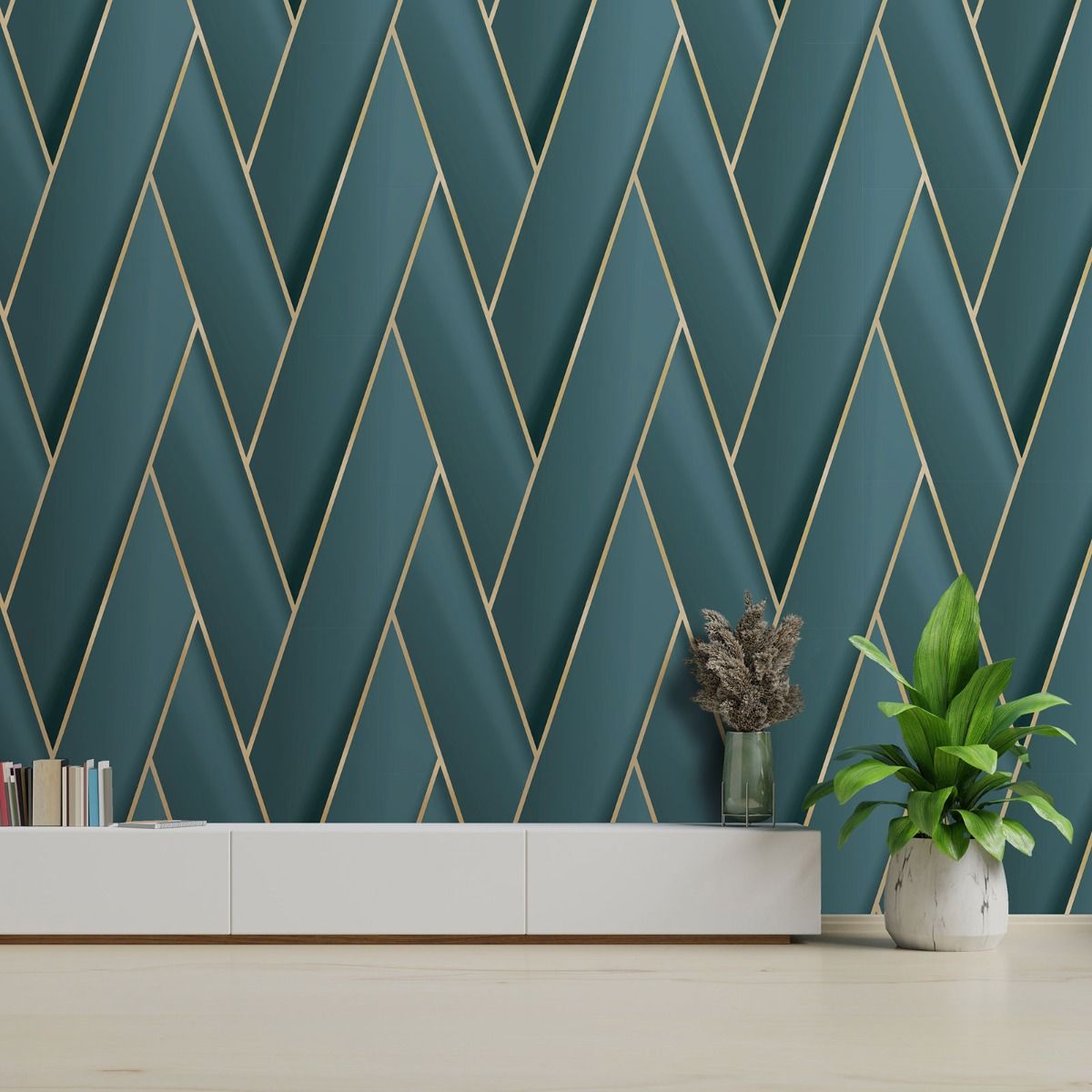 Armando Herringbone Geometric Wallpaper - Teal / Gold - Debona