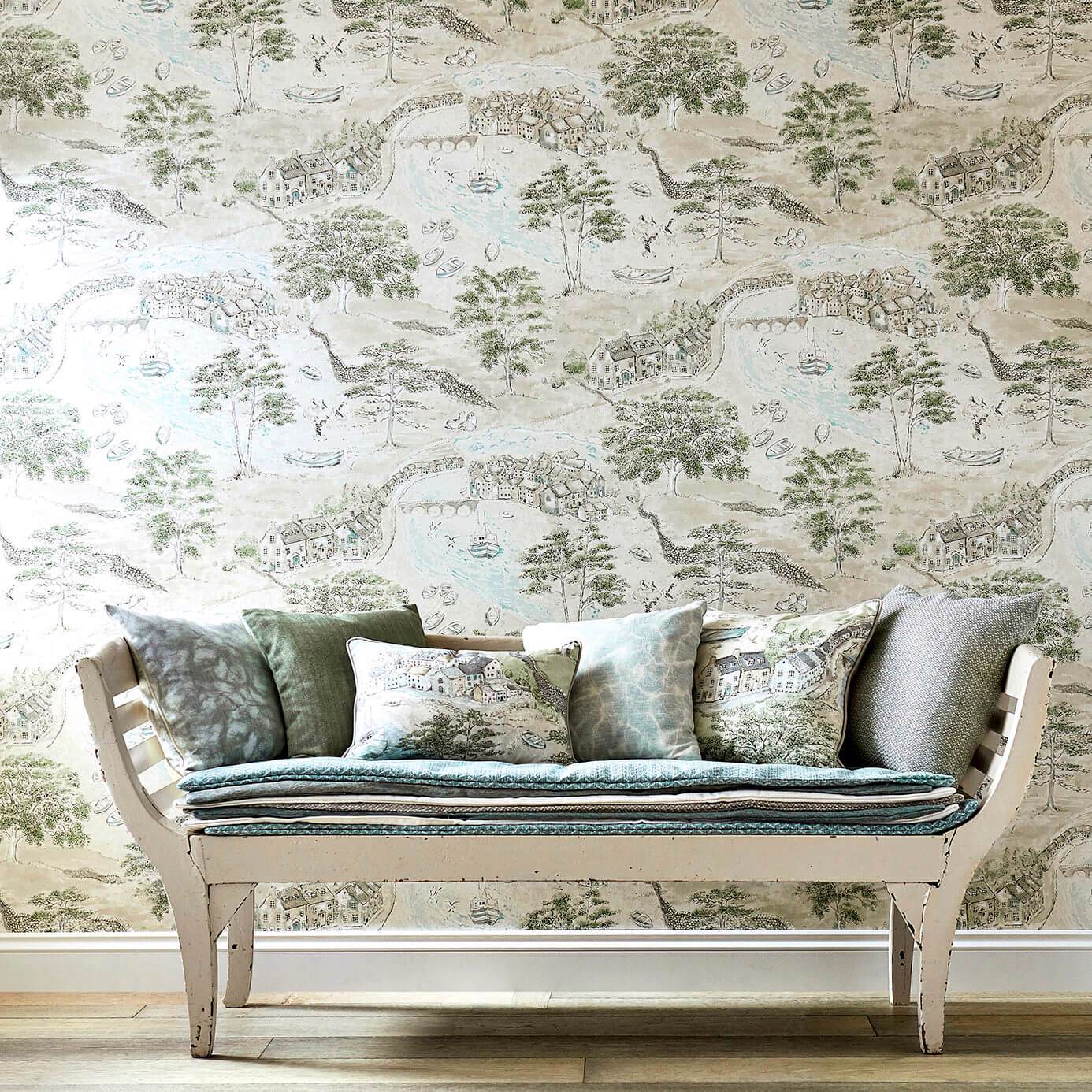 Sea Houses Wallpaper - Charcoal/Linen - DEBB216489