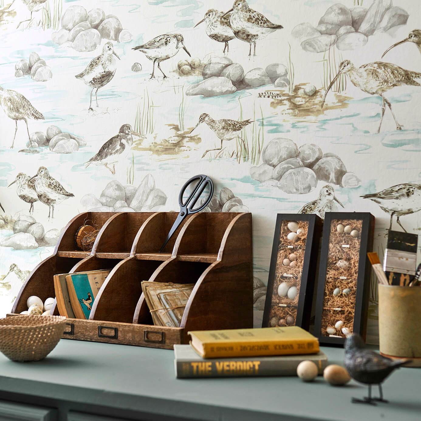 Estuary Birds Wallpaper - Blue/Grey - DEBB216492