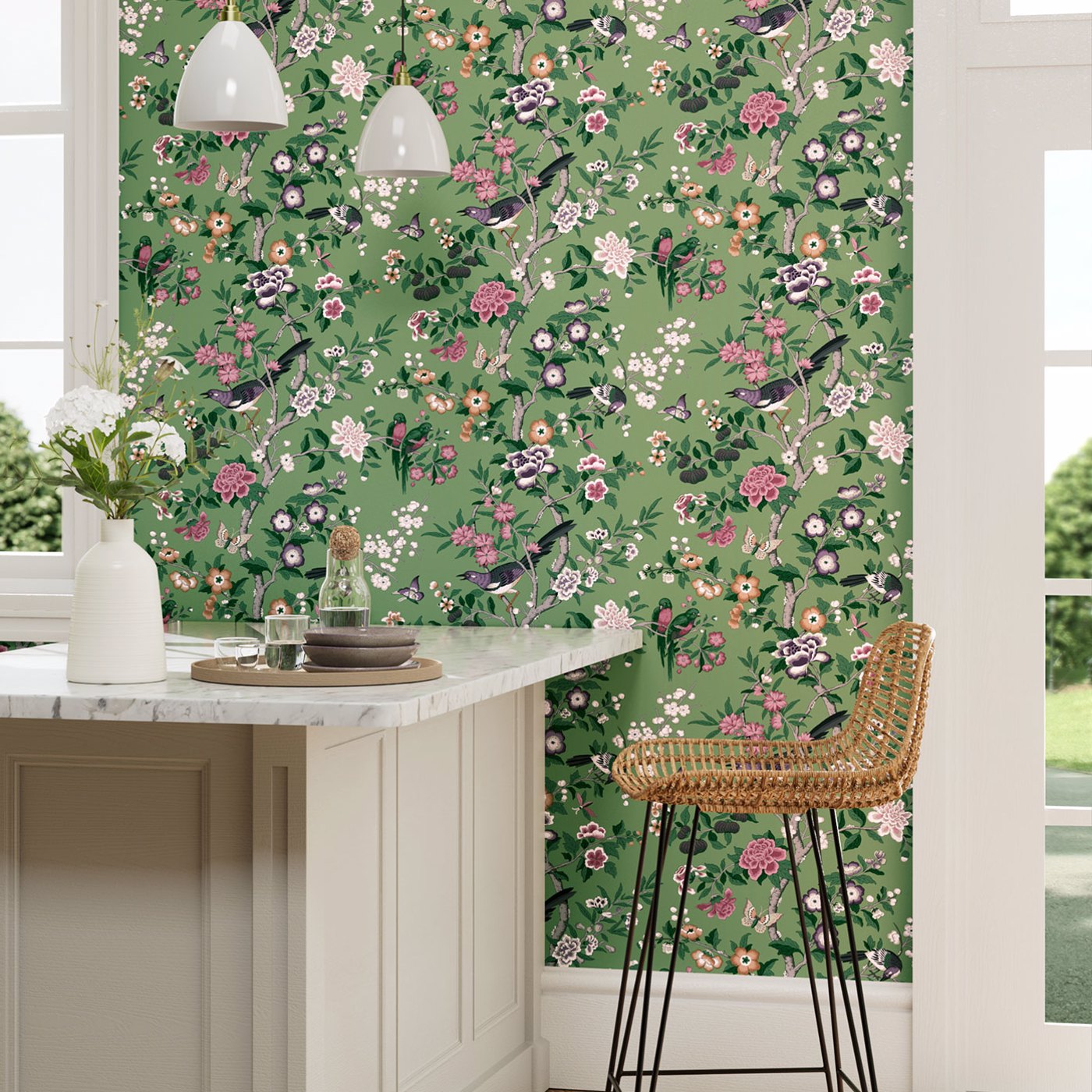 Chinoiserie Hall Wallpaper - Chinese Green/Lotus Pink - DWAW217110