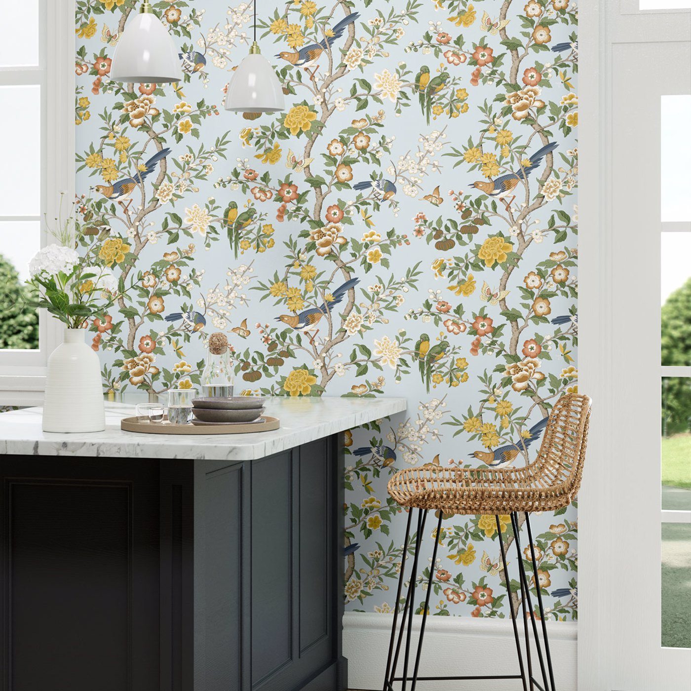 Chinoiserie Hall Wallpaper - Dawn Blue/Persimmon - DWAW217112