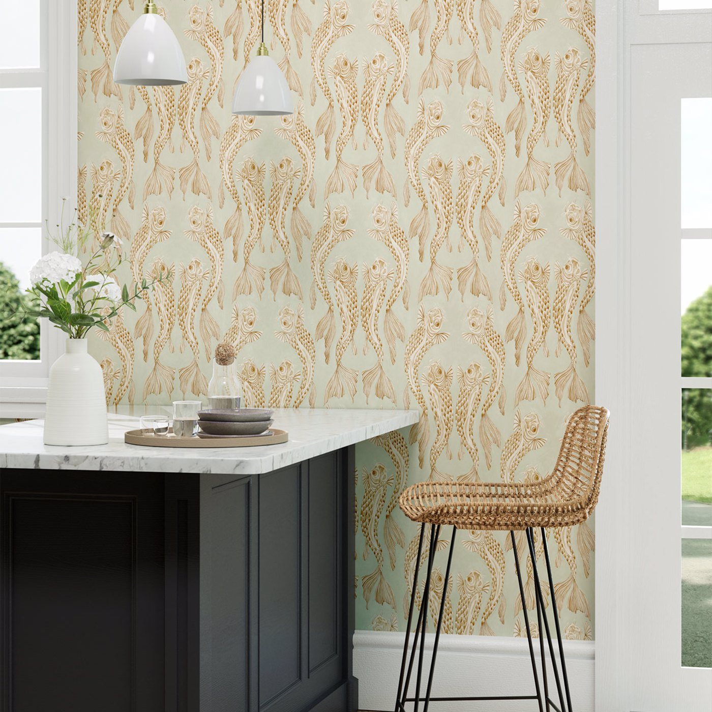 Voyaging Koi Wallpaper - Oriental Green/Honey - DWAW217114