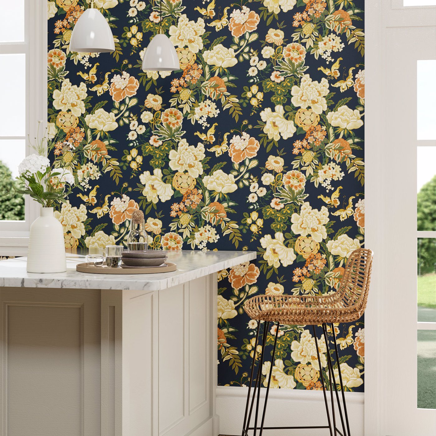 Emperor Peony Wallpaper - Midnight/Apricot - DWAW217120