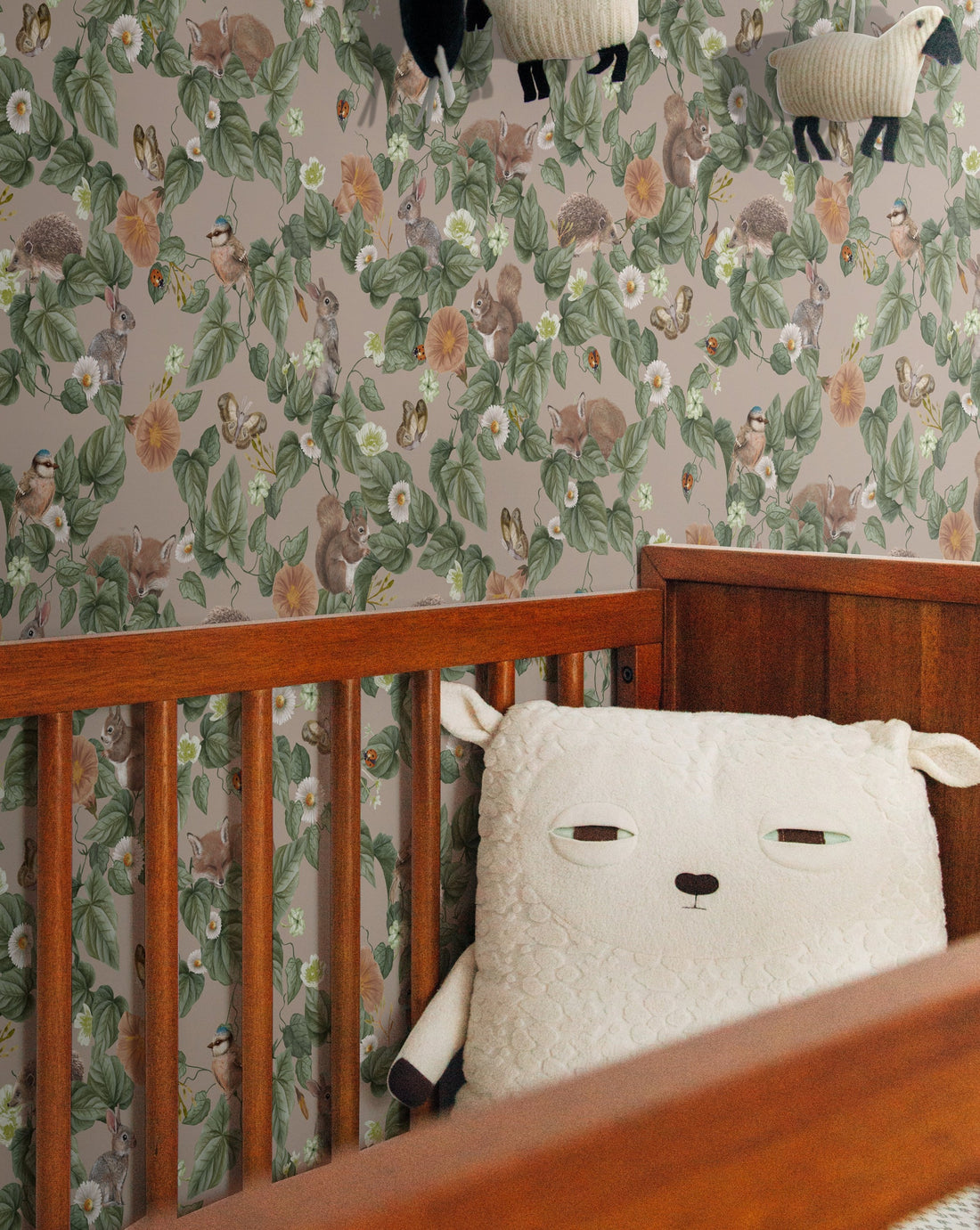 Forest Lullaby Nursery Wallpaper - Dusty Rose - Summer Gray