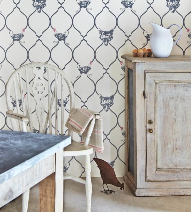 Fox And Hen Wallpaper - Charcoal on parchment - BG0900 - 102 - Barneby Gates