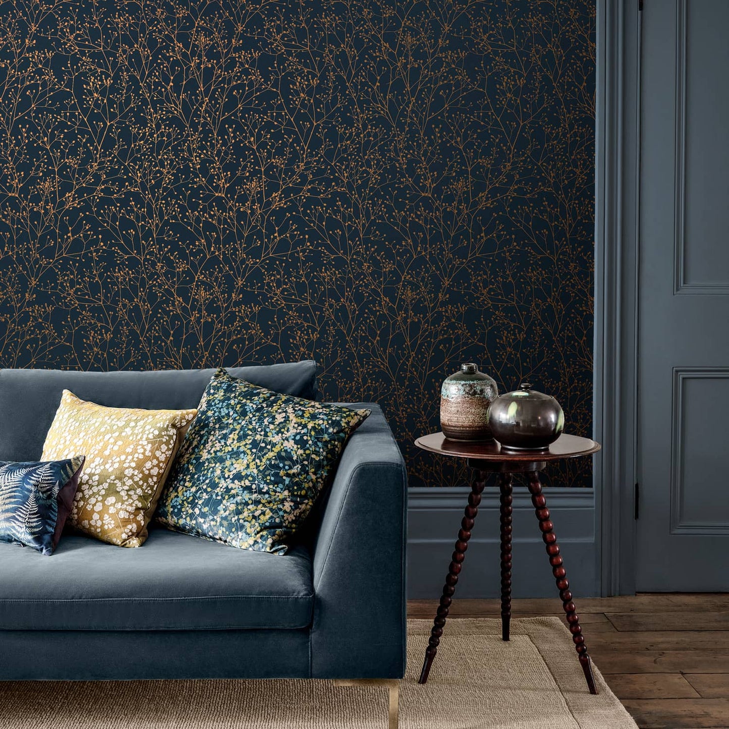 Gypsophila Wallpaper - Mighnight & Copper - Clarissa Hulse