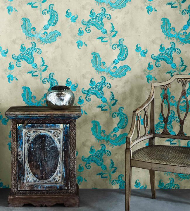 Paisley Wallpaper - Turquoise on Old Grey - BG0800 - 202 - Barneby Gates