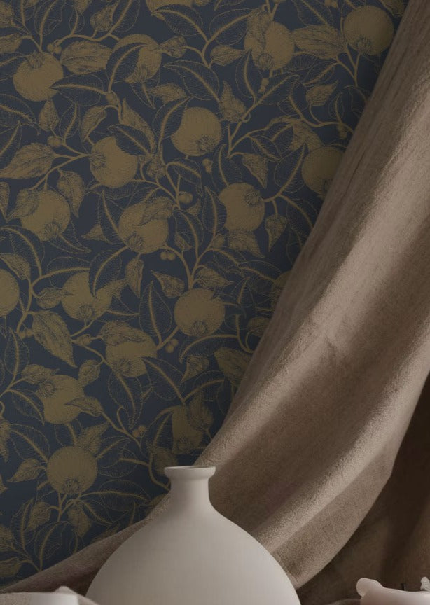 Pomegranate Floral Wallpaper - Gold & Blue - Summer Gray