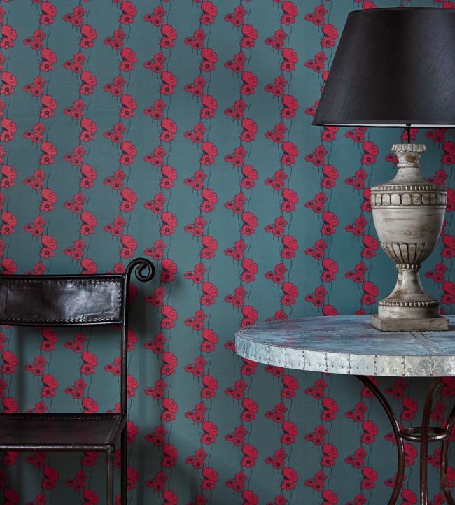 Poppy Fields Wallpaper - Red on Gunmetal - BG1500202 - Barneby Gates