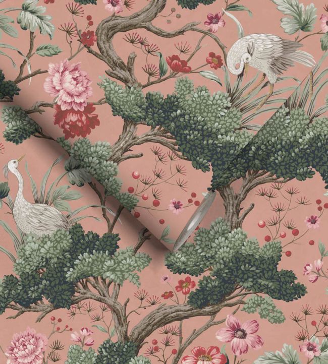 WM-120R - Crane Bird Wallpaper - Vintage Pink - Woodchip & Magnolia