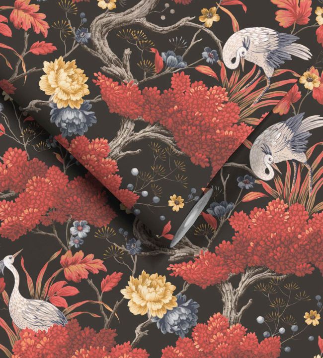 WM-121R - Crane Bird Wallpaper - Japanese Red - Woodchip & Magnolia