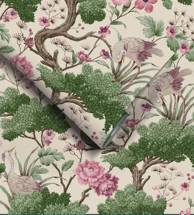 WM-171R - Crane Bird Wallpaper - Rose Pink Cream - Woodchip & Magnolia