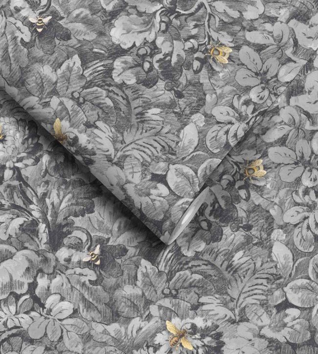 WM-318-08R - Busy Bee Wallpaper - Charcoal - Woodchip & Magnolia