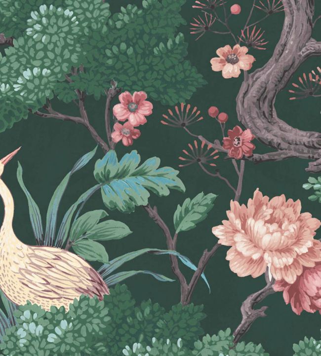 WMF-018-01VD - Crane Bird Fabric - Forest Green - Woodchip & Magnolia