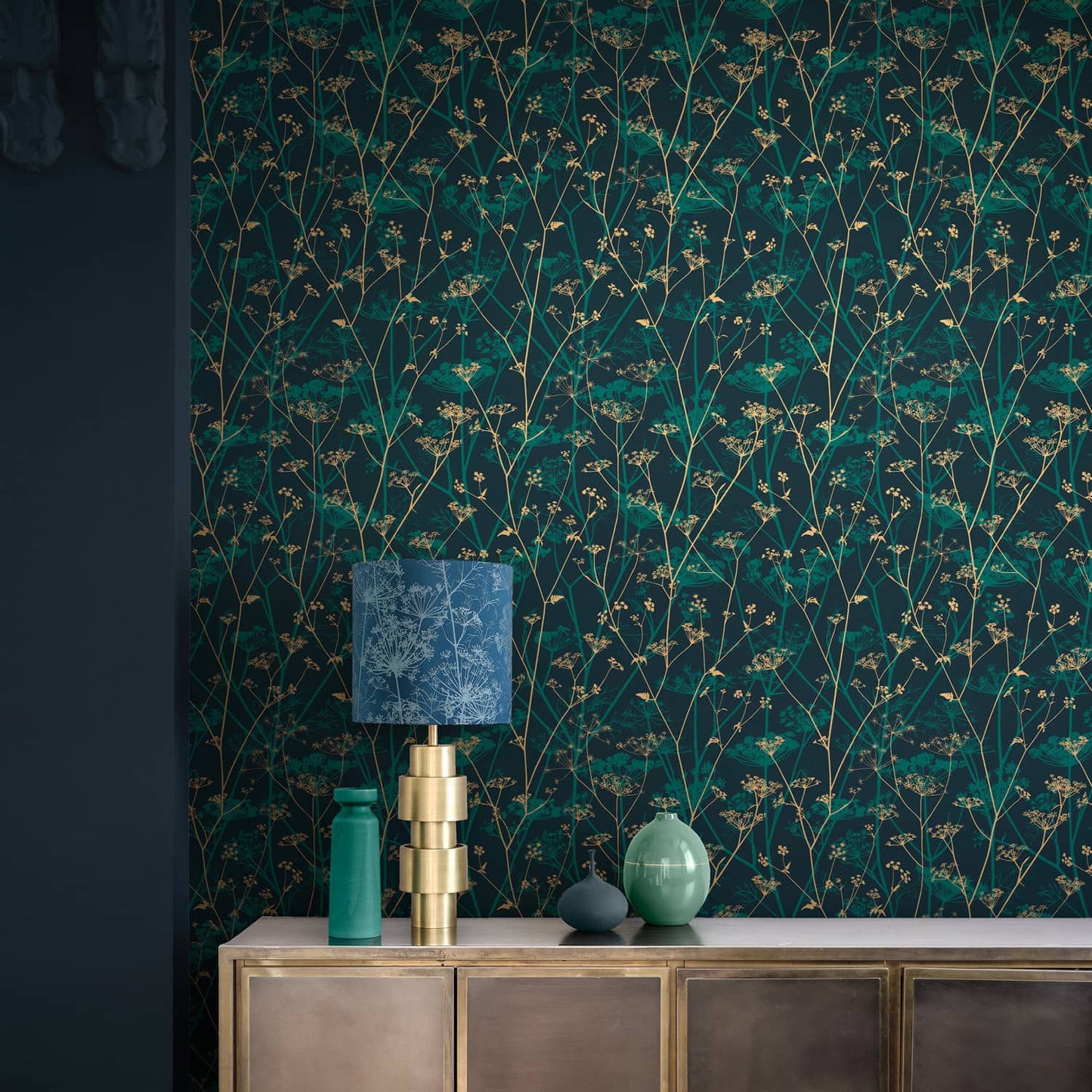 Wild Chervil Wallpaper - Kingfisher & Gold - Clarissa Hulse