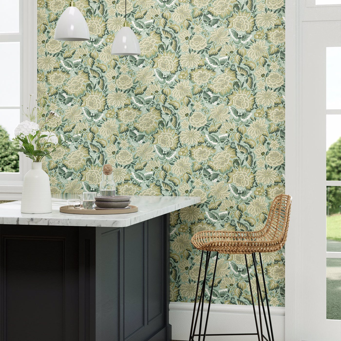 Amara Butterfly Wallpaper - Bamboo/ Fountain Green - DWAW217118 - Sanderson