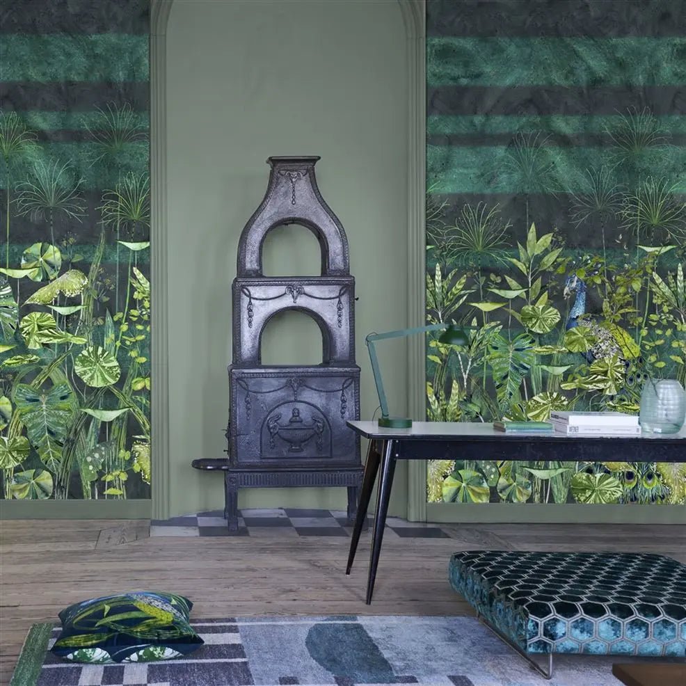 Arjuna Leaf With Peacock Wallpaper - Viridian - PDG1069/01 - Designers Guild